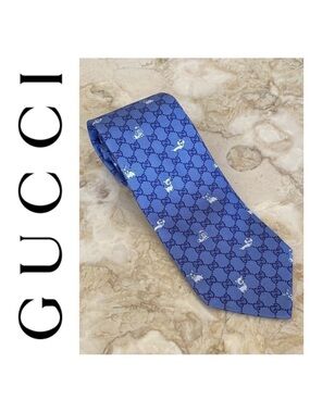 GUCCI Interlocking GG Dog Pattern Blue/Navy 100% Silk Tie